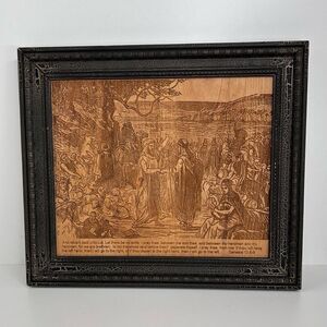 Handmade Wood Burned Artwork 14” X 12 1/4” Brown Wall Framed Bible Scene Signed